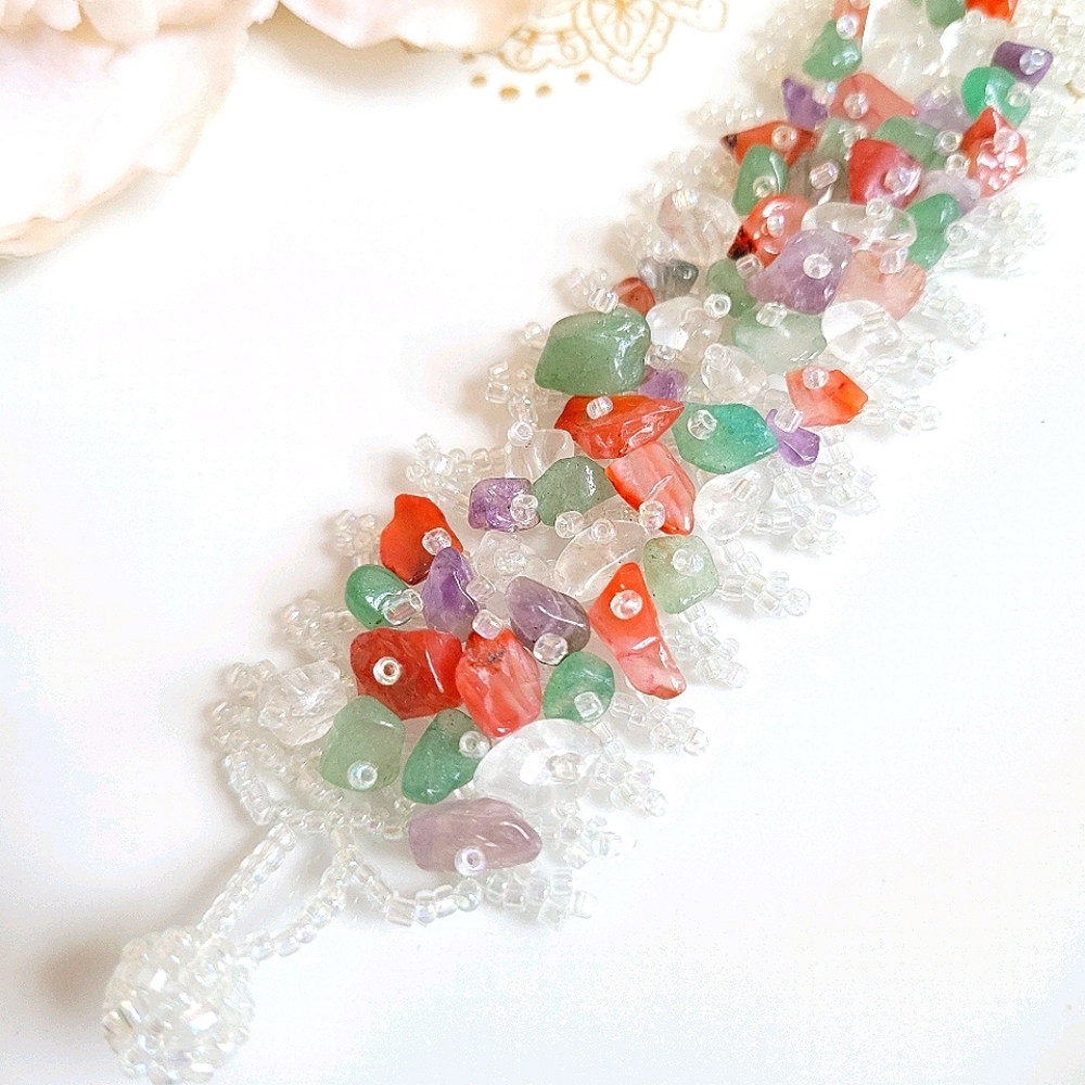 Mixed Gemstone chips Stretchy Crystal Hand Made Bracelet NWT